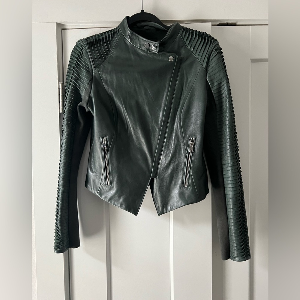 Worn once!   Lamarque Azra dark green leather jacket